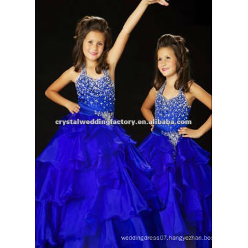 Cheap halter beaded royal blue ruffled ball gown custom-made little girls pageant dress CWFaf4786